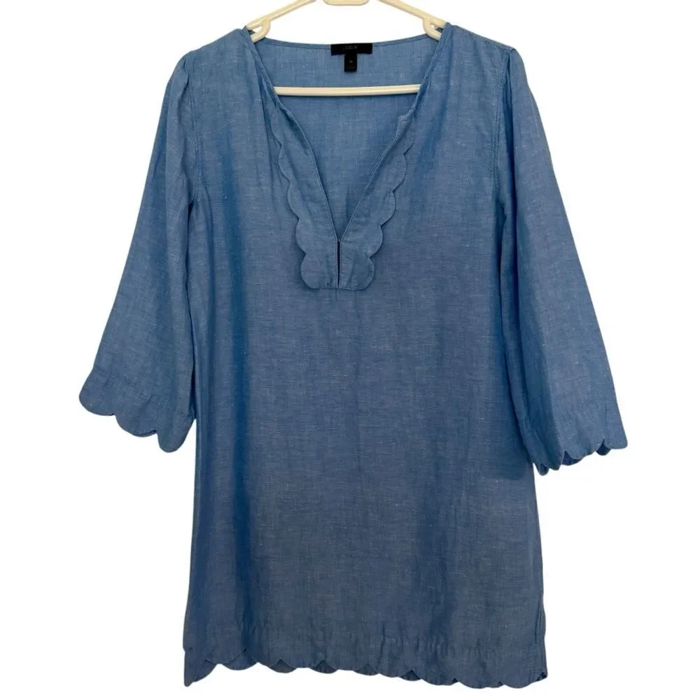 J. Crew Womens XS Scalloped Tunic in Vivid Waterfall Blue Linen Cotton Blend